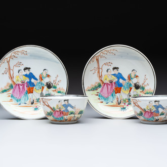 A pair of Chinese famille rose 'European subject' cups and saucers, Qianlong