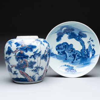 A Chinese blue, white and copper-red 'Three Friends of Winter' jar, and a blue and white 'Buddhist lion' dish, 18th C.