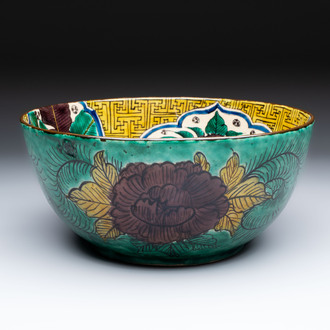 A Japanese  Kutani bowl with peonies and a mountainous landscape design, Kutani 九谷 mark, 19/20th C.