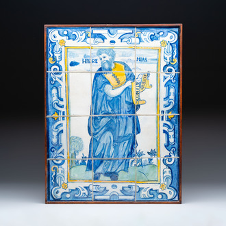 A mounted blue, white and yellow 'Jeremiah' tile mural, Spain or Portugal, 18th C.