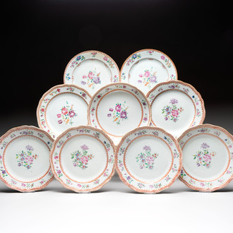 Nine Chinese famille rose Lowestoft-style plates, Qianlong