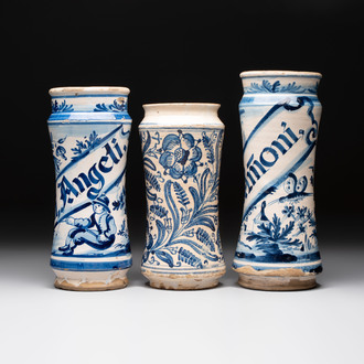 Three blue and white albarelli, Spain, 18th C.