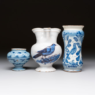 A blue and white albarello, a jug and a small jar, Italy, 17/18th C.