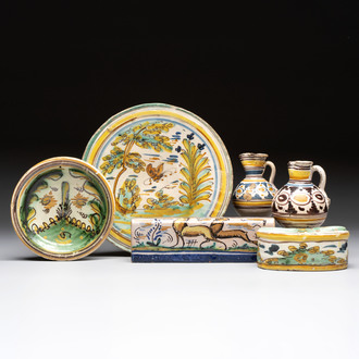 Six polychrome Spanish pottery wares, Talavera, 18th C.