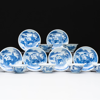 A set of six Chinese blue and white cups and saucers, Qing Yu Tang 青玉堂 and Lin Yu Tang 琳玉堂 marks, Kangxi