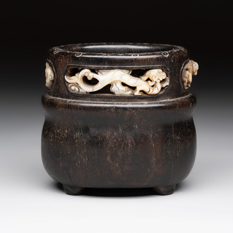 A Chinese mother-of-pearl-inlaid zitan bitong with chilong design, 18th C.