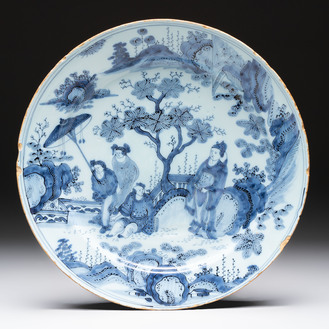 A blue and white Dutch Delft chinoiserie dish, 17th C.