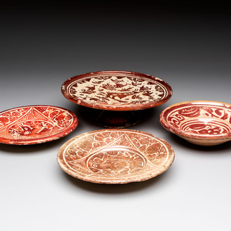 Two Hispano-Moresque lustre-glazed plates, a bowl and a tazza, Spain, 17/18th C.