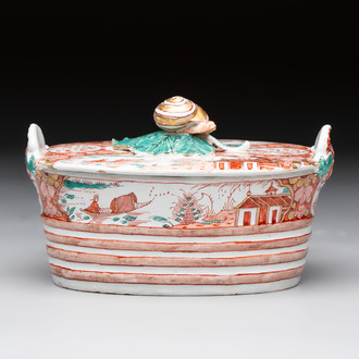 A Dutch Delft petit feu butter tub with a snail finial, 18th C.