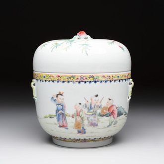 A Chinese famille rose 'playing boys' bowl and cover, Qianlong mark, Republic