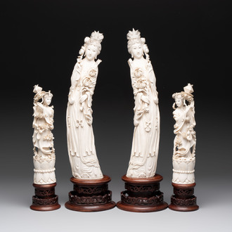 Two pairs of Chinese ivory 'elegant beauty' carvings, 'Da Hai 大海' mark, 19/20th C.