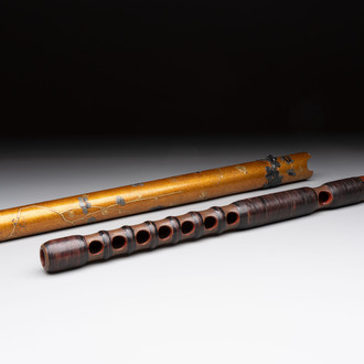 A Japanese bamboo flute with a gilt and lacquered silver-mounted wooden case, Yamada Jokasai 常嘉齋 mark, Edo, 18/19th C.