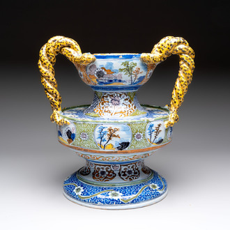 A large polychrome Nevers faience pot-pourri or flower arranging vase, France, 17th C.