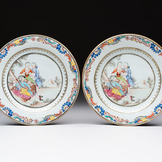 A fine pair of Chinese famille rose 'Autumn' plates with troubadours, Qianlong