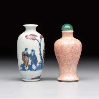 A Chinese peachbloom-crackle-glazed 'meiping' snuff bottle and a figural blue, white and copper-red snuff bottle, Yongzheng mark, 19th C.