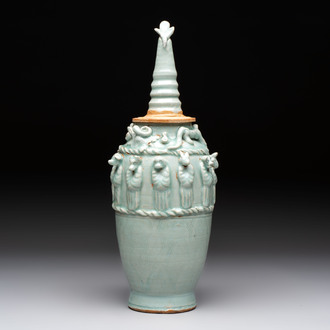 A Chinese qingbai-glazed covered urn applied with zodiac figures, Song