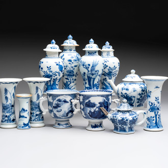 A varied collection of eight Chinese blue and white vases, two teapots and two loving cups, Kangxi/Qianlong