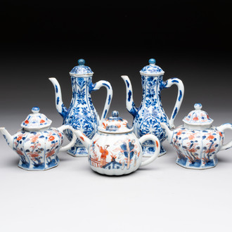Three Chinese Imari-style teapots and two blue and white jugs, Kangxi