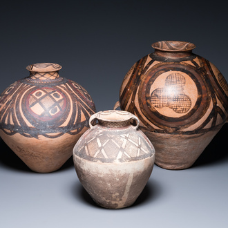 Three Chinese painted pottery jars, Majiayao Yangshao culture, 3/2nd millennium B.C.