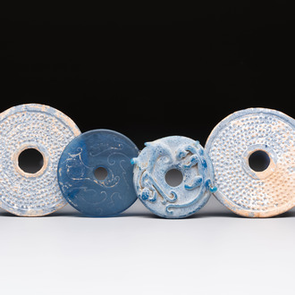 Four Chinese blue glass 'bi' discs, Han/Song