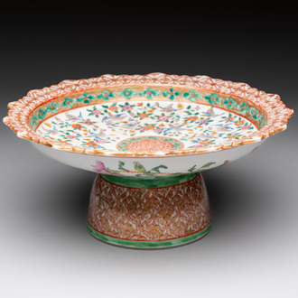 A large and fine Chinese Canton famille rose 'birds among flowering branches' Bencharong tazza for the Thai market, 19th C.