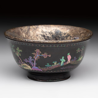 A Chinese silver-lined laque burgauté bowl with figural design, Kangxi
