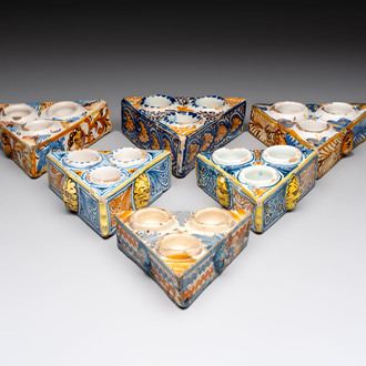 A collection of six polychrome Spanish triangular spice boxes, Talavera, 18th C.