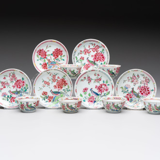 A set of six Chinese famille rose 'peacock' cups and saucers, Yongzheng