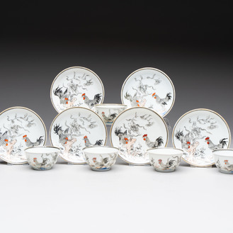 Five Chinese grisaille and iron-red-decorated cups and six saucers with fighting roosters, Yongzheng