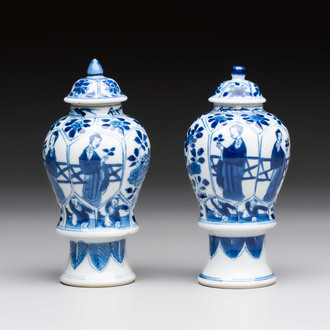 A pair of Chinese blue and white 'Long Eliza and playing boys' covered vases, Kangxi