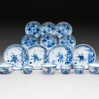Six Chinese blue and white cups and ten saucers, Kangxi
