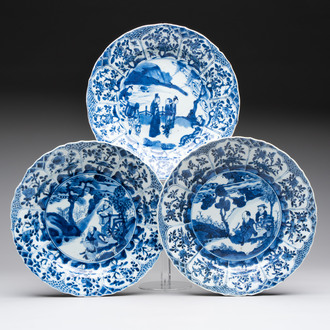 Three Chinese blue and white dishes with figural design, Kangxi