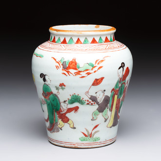 A small Chinese wucai jar with ladies and boys in a landscape, Transitional period