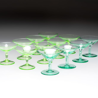 A.D. Copier (1901-1991): a set of eight and a set of four liquor glasses, etched marked, Glasfabriek Leerdam, ca. 1930
