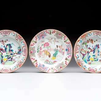 Three Chinese famille rose plates with figural and landscape design, Yongzheng/Qianlong