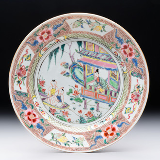 A Chinese famille rose plate with figural design, Yongzheng/Qianlong