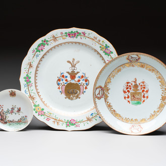 Two Chinese armorial plates and a saucer with the arms of Zur Megede, Rhenius and Chute, Qianlong