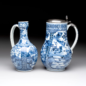 A Japanese Arita blue and white jug and a silver-mounted tankard, Edo, 17/18th C.