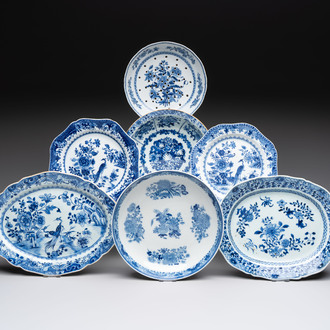 Seven Chinese blue and white plates and dishes with floral design, 18th C.