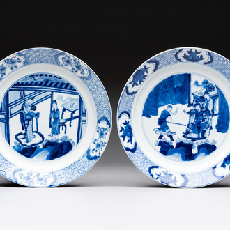 Two Chinese blue and white plates with figural design, Kangxi marks and of the period