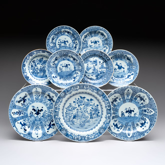 Nine Chinese blue and white plates with figural design, 18th C.