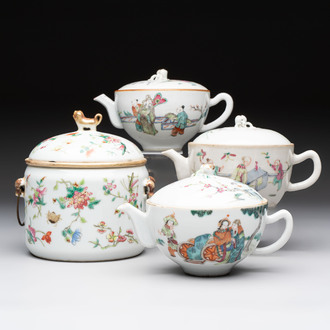 Three Chinese famille rose covered teapots and a warming bowl, Tongzhi, Guangxu and Lü Zhi Xiang Zhi 呂芷薌製 marks, 19th C.