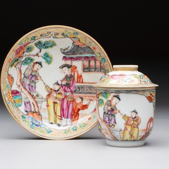 A Chinese Canton famille rose gilt-decorated covered cup and saucer, Qianlong