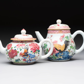Two Chinese famille rose 'rooster' teapots, Yongzheng/Qianlong