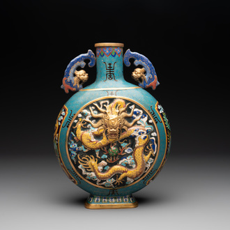 A Chinese cloisonné 'dragon and phoenix' moonflask vase, 'bianhu', 19/20th C