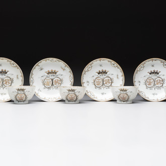 Four Chinese grisaille and gilt-decorated monogrammed cups and saucers, Qianlong, dated 1778