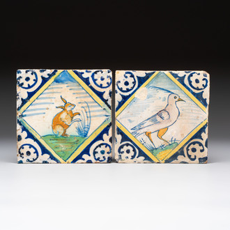 Two polychrome Dutch Delft maiolica 'rabbit' and 'bird' tiles, late 16th C.