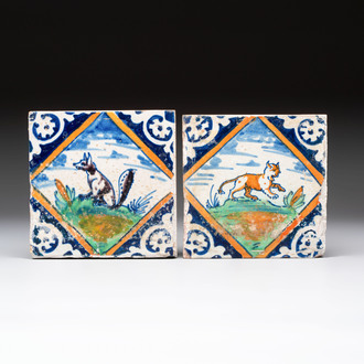 Two polychrome Dutch Delft maiolica 'leopard' and 'fox' tiles, late 16th C.