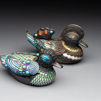 Two Chinese enamelled filigree silver mandarin duck-form boxes and covers inset with precious stones, 19/20th C.