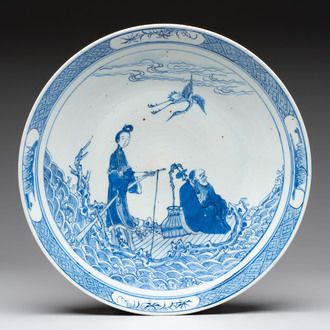 A Chinese blue and white 'Xian Ren Cheng Cha 仙人乘槎' dish, 19th C.